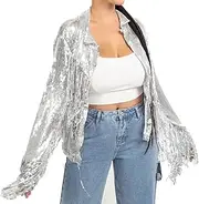 [Fenyong] Sequin Fringe Jacket Tinsel Jacket Disco Theme Country Concert Rave Festival Outfits for Women