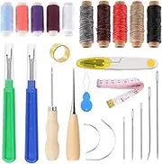 Glarks 25Pcs Leather Sewing Kit, Leather Working Tools with Leather Waxed Thread, Large Eye Leather Sewing Needles, Awls, Leather Craft Tool Kit for DIY Leather Craft Repair Sewing