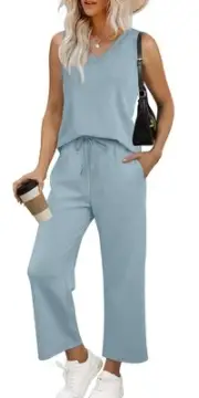 Lounge Sets for Women Clothing Two Piece V Neck Tops Wide Leg Pant Sets Summe...