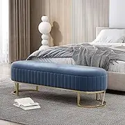 Velvet Living Room Storage Bench with Gold Base, Upholstered Bedroom Bench for End of Bed, Modern Shoe Bench Comfortable Footrest Stool for Entryway(Color:Blue,Size:100x45x42cm)