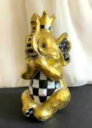 Elephant SPEAK No Evil Black/WHITE CHECK, Resin Gold 8"H NEW
