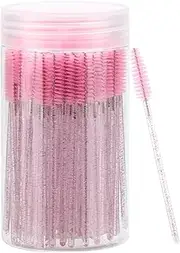 100 Pcs Disposable Mascara Wands, Crystal Eyebrow Spoolies Brush for Eyelash Extensions, Pink Lash Brushes with Container