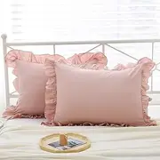 Mywinlle Ruffle Pillowcases Farmhouse Pillow Shams Standard Set of 2,Shabby Dusty Pink Ruffled Pillow CasesWashed Cotton Pillow Cover -20"x26"