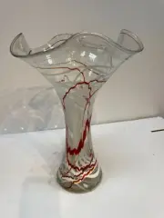 Magnificent Modern Hand Blown Glass Vase - Clear with Red, White Details