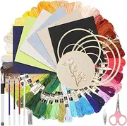 Swpeet 21Pcs 10 x 10 Inch Linen Needlework Fabric with Water-Soluble Pens, Needles, Threader, Embroidery Hoop and Embroidery Floss for Embroidery Projects and Upholstery Decoration