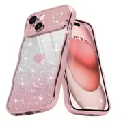 for Case for Women Girls Cute Curly Wavy Frame Love Heart iPhone 15 Rose gold