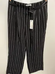 Oui NWT Trousers Size 14 Black White Striped Wide Leg Paperbag Waist