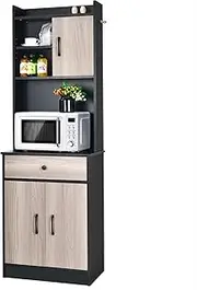 Costway Kitchen Pantry w/Buffet Hutch, Freestanding Storage Cabinet w/Microwave Stand, Adjustable Shelves, Drawer, Door Cabinets Tall Cupboard Pantry Cabinets for Living Room Kitchen (Black)