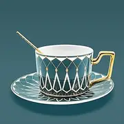Tea Coffee Cups - 7.4oz Bone China Ceramic, Beautiful Matte Glazed Tea Cup with Saucer and Spoon - GREEN