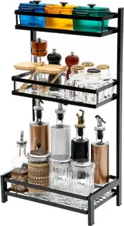 3-Level Kitchen Rack for Countertop Organization - Metal Spice Shelf for Under Sink Storage - Black