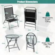 3-Piece Outdoor Patio Set with Foldable Chairs and Glass Table, Black/Silver