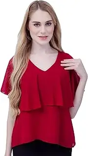 [ChillSabai] Women's Chiffon Nursing Blouse, Elegant Nursing Top with Flutter Sleeves and Zip, Skin-Friendly and Figure-Concealing, Pregnancy & Nursing Fashion for Summer/Winter, red, One Size