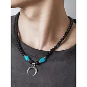 Men's Lava Rock Beaded Necklace with Turquoise and Crescent Moon Pendant - Boho Style, Adjustable Length, Unisex for Casual Wear, Outdoor and Daily Use