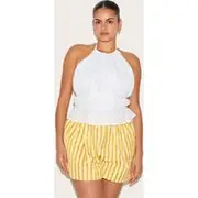 Plus White Linen Tiered Tie Back Long Top, White