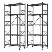 2 X 5 Tier Steel Black Foldable Display Stand Multi Functional Shelves Portable Storage Organizer With Wheels