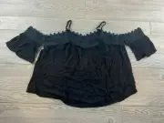 Crescent Women's Size M Black Lace Trim Flutter Sleeve Cold Shoulder Top NWT