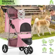 Pink Foldable Dog Stroller Small Medium Pet Travel Cage Carrier Cart w/Sunshade
