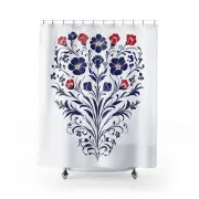 Flowers Shower Curtain, Red Blue Floral Pattern, Heart Shape Vines