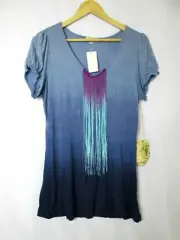 NEW One World LARGE Light/Indigo Blue Ombre Fringe Front Tshirt Top Tee