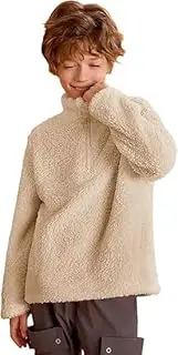 [Haloumoning] Boys Fleece Sherpa Jacket Quarter Zip Pullover Sweatshirt for Children with Pockets, Khaki, 130