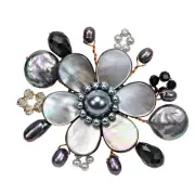Beautiful Mix of Dark Shell, Crystal & Black Pearl Flower Blossom Brooch Pin