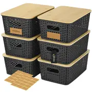 Vivva 6Pack Storage Basket Cabinet Bin Shelves Drawer Closet Organize Bamboo Lid Black