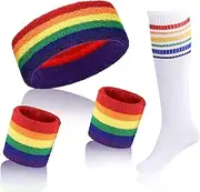 [Skylety] 5 Pcs Striped Sweatband and Sock Set - Wrist Sweatband, Headband for Men Women Sports 80s Party