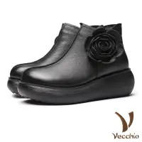 在飛比找momo購物網優惠-【Vecchio】真皮短靴 厚底短靴/真皮復古優雅立體花朵造