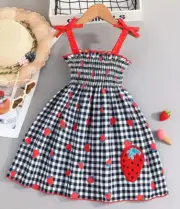 NEW Girls Dress Strawberries Checks 2-3T 4T Black Red Sundress Applique 38