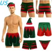 Mens Christmas Elf Cosplay Lingerie Santa Claus Boxer Shorts Thongs and Hat