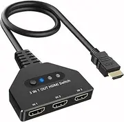 HDMI Switch 3 in 1 Out, 4K@30hz HDMI Splitter, 3 Ports HDMI Switcher Supports Full HD 1080P 3D Compatible with Roku Fire TV Stick HDTV PS4/PS5 Xbox One Chromecast, Compatible with Mac/Win/Linux