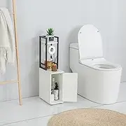 SUNTAGE Small Bathroom Storage Cabinet, Narrow Side Bathroom Organizer w/Toilet Paper Roll Holder and Metal Frame, Slim Toilet Paper Storage Cabinet for Bathroom, White