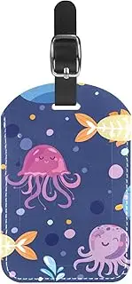 [GIAPB] 1Pcs Luggage Tag PU Leahter Travel Tags,Travel Bag Labels Suitcase Baggage Bag Tags,Abstract Fish Jellyfish Whale Blue Pattern