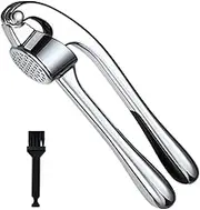 Garlic Press Mashed Garlic Crusher Peeler Chopper Garlic Puree Maker with Cleaning Brush,Zinc Alloy Heavy Soft-Handled Silver (17x4.5)