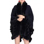 Nevenka Womens Faux Fox Fur Trim Cardigan Shawl Oversized Cape-Navy Blue