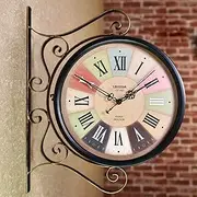 Double Sided Wall Clock, 360 Degree Rotation Garden Clocks Outdoor Waterproof Retro Stand Clock Wall Clock Vintage Antique-Look Bracket Indoor Hanging Décor Clock,Metallic