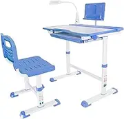 Hydroserenity Kids Desk and Chair Set, Height Adjustable Child's School Study Writing Tables with LED Lamps, Tiltable Kids Study Desk with LED Light, Storage Drawer, Book Stand (Blue)