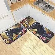 XYMZR Kitchen Mat Horse Black Florals for Floor, 2 Piece, Non Slip Washable Kitchen Rugs for Kitchen & Home Decor, Sink, Bathroom 19.7” x 27.6” + 19.7” + 47.2”