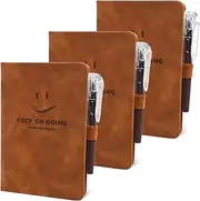 3 Pack Pocket Notebooks with Pens, Mini Diary Notepad Memo Book, Small Hardcover Notebook with Pen Holder, Portable Note Book A6 Notebook for School Office Journaling Supplies (Brown)