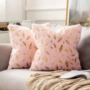 2x Square Throw Pillows Decorative Faux Fur Gold Feathers Gilding Leaves Cushion Cases Soft Fluffy(Inserts + Pillow Covers,Pink)