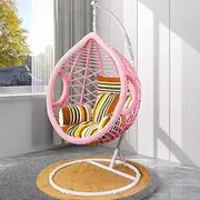 Large Hanging Egg Chair for Patio, Balcony & Bedroom - Durable Steel Frame, UV-Protected Rattan, Waterproof Cushions, Supports 2 Adults (Single Thick Pink)