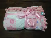 THROW made w/Flannel/Minky Squares MachinePatchwork Fabric w/PINK Pom-Poms Trim