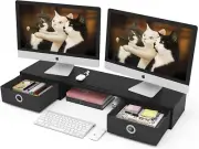 Dual Monitor Stand Riser w/ Two Drawers Extra Large Storage Monitor Stand Black