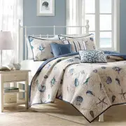 TROPICAL BEACH SEA NAUTICAL BOAT BLUE TAN WHITE SHELL COAST OCEAN QUILT SET NEW!