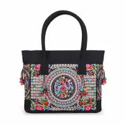 Embroidered Canvas Top Handle Handbag Ladies Casual Vintage Shoulder Bag-A