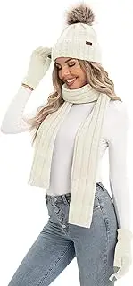 [NATUST] 3 Pieces Winter Knit Beanie Hat Warm Scarf and Touch Screen Gloves Set Warmer Gloves Set with Fleece Lined