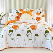 Floral Cotton 100% Quilt Queen Size-3 Piece Orange Sunflower Bedding Set | Reversible Lightweight Queen Bedspread Set with 2 Pillow Shams | All Season Reversible Floral Bed Cover(Orange, Queen)