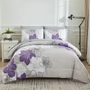 Floral Comforter Set, King Size, Purple Floral 3-Piece Bedding, Lightweight Microfiber