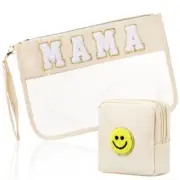 2 Pcs Preppy Patch Clear Mama Bag, Women Chenille Letter Makeup Beige-MAMA