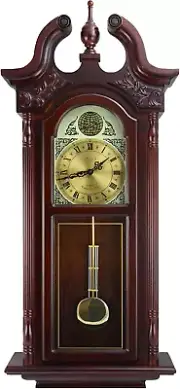 Grand Antique Colonial Chiming Wall Clock with Roman Numerals in a Cherry Oak Fi